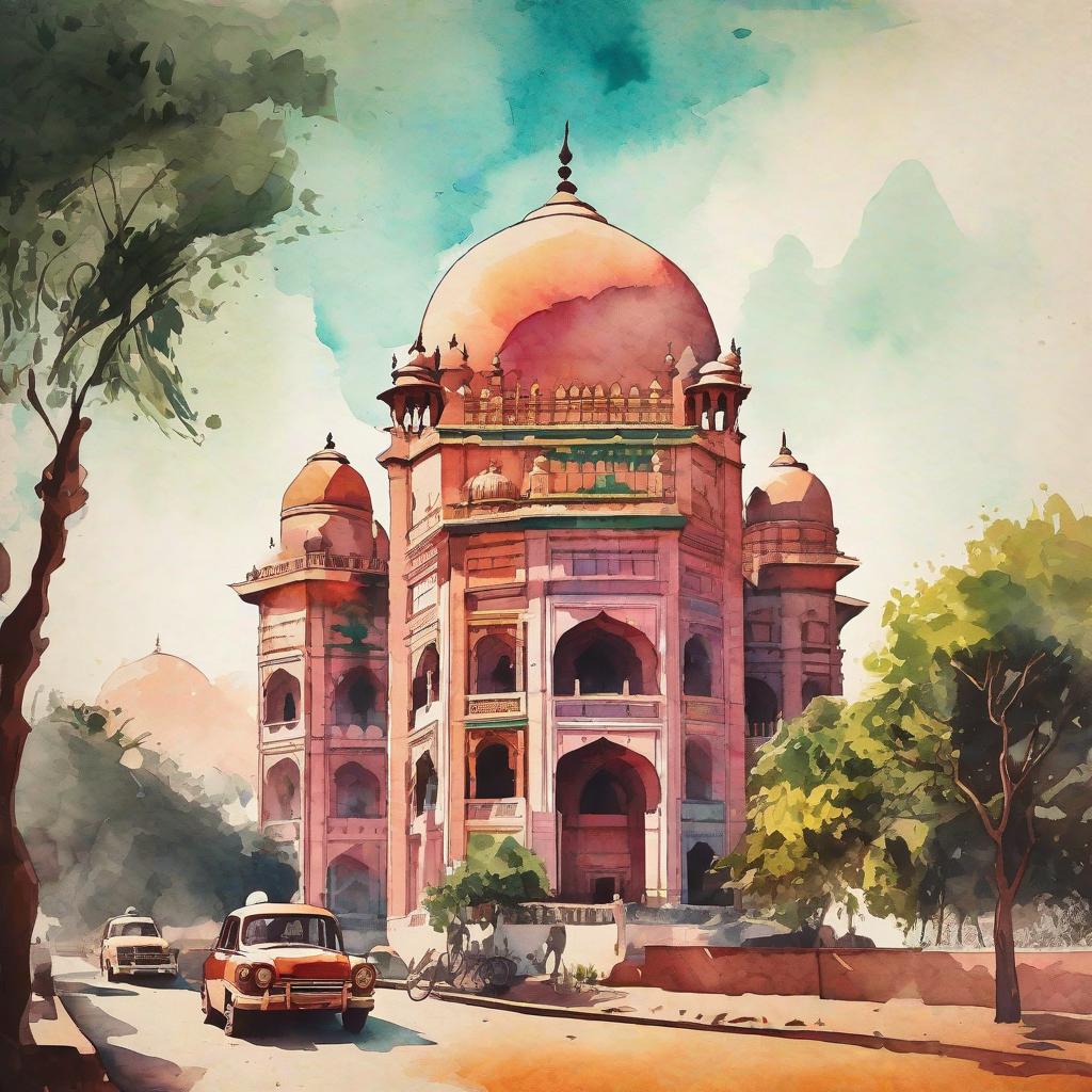  Watercolor painting of Delhi Sultanate in a natural environment, focusing on architecture, shot with a vintage film camera, in a pop art style, with vibrant colors and high clarity.