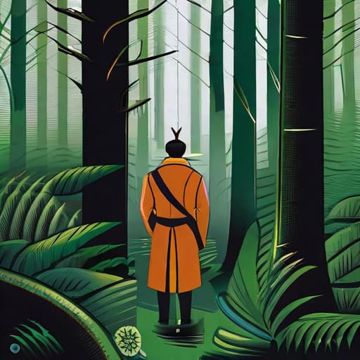  "Construct an image that encapsulates the scene where Hee, the story's young and adventurous protagonist, resolutely sets off into the mysterious forest despite warning from his friends. The forest path, a symbol of his yearning for adventure, should dominate the image diagonally, suggesting progression and depth. Hee is stepping firmly onto the unpaved road that leads into the dense woodland filled with various tree species and plants. The expressions on Hee's face should reflect determination and curiosity, in recognition of his adventurous spirit. In the background, subtly portray Hee's worried friends watching him from a distance, emphasizing the contrast between their fear and Hee's courage. Include vague silhouettes of forest-dwellin hyperrealistic, full body, detailed clothing, highly detailed, cinematic lighting, stunningly beautiful, intricate, sharp focus, f/1. 8, 85mm, (centered image composition), (professionally color graded), ((bright soft diffused light)), volumetric fog, trending on instagram, trending on tumblr, HDR 4K, 8K