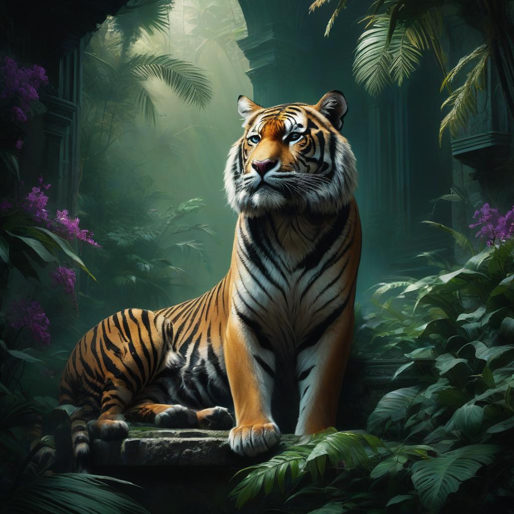  cinematic film still a Jeremy Mann inspired oil painting in ultra HD 8K, displaying a majestic green and purple tiger enthroned in a mysterious jungle palace. Sunlight filters through lush foliage, while the tiger surveys its domain from a stone window, embodying regal poise and introspection. The chamber combines opulence with signs of decay amidst rich jungle life, capturing the glory of a forgotten empire. In a low key digital style, the tiger's face is dramatically lit, with airborne pollen adding to the scene's enigma. Envision an Ivan Aivazovsky level of skill in this high resolution masterpiece that balances symmetry with moody, action infused realism, framed by conceptual art aesthetics and mystical atmosphere. dark chiaroscuro low  hyperrealistic, full body, detailed clothing, highly detailed, cinematic lighting, stunningly beautiful, intricate, sharp focus, f/1. 8, 85mm, (centered image composition), (professionally color graded), ((bright soft diffused light)), volumetric fog, trending on instagram, trending on tumblr, HDR 4K, 8K