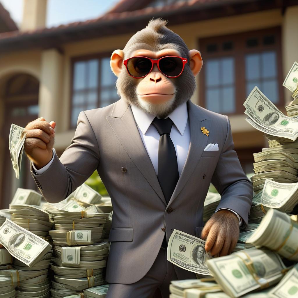  Food photography style A wealthy monkey in sunglasses and a beautiful suit, stands in the middle of a large amount of money on top, behind the monkey is a big beautiful house, and in the middle is the inscription wworkinq. . Appetizing, professional, culinary, high resolution, commercial, highly detailed hyperrealistic, full body, detailed clothing, highly detailed, cinematic lighting, stunningly beautiful, intricate, sharp focus, f/1. 8, 85mm, (centered image composition), (professionally color graded), ((bright soft diffused light)), volumetric fog, trending on instagram, trending on tumblr, HDR 4K, 8K