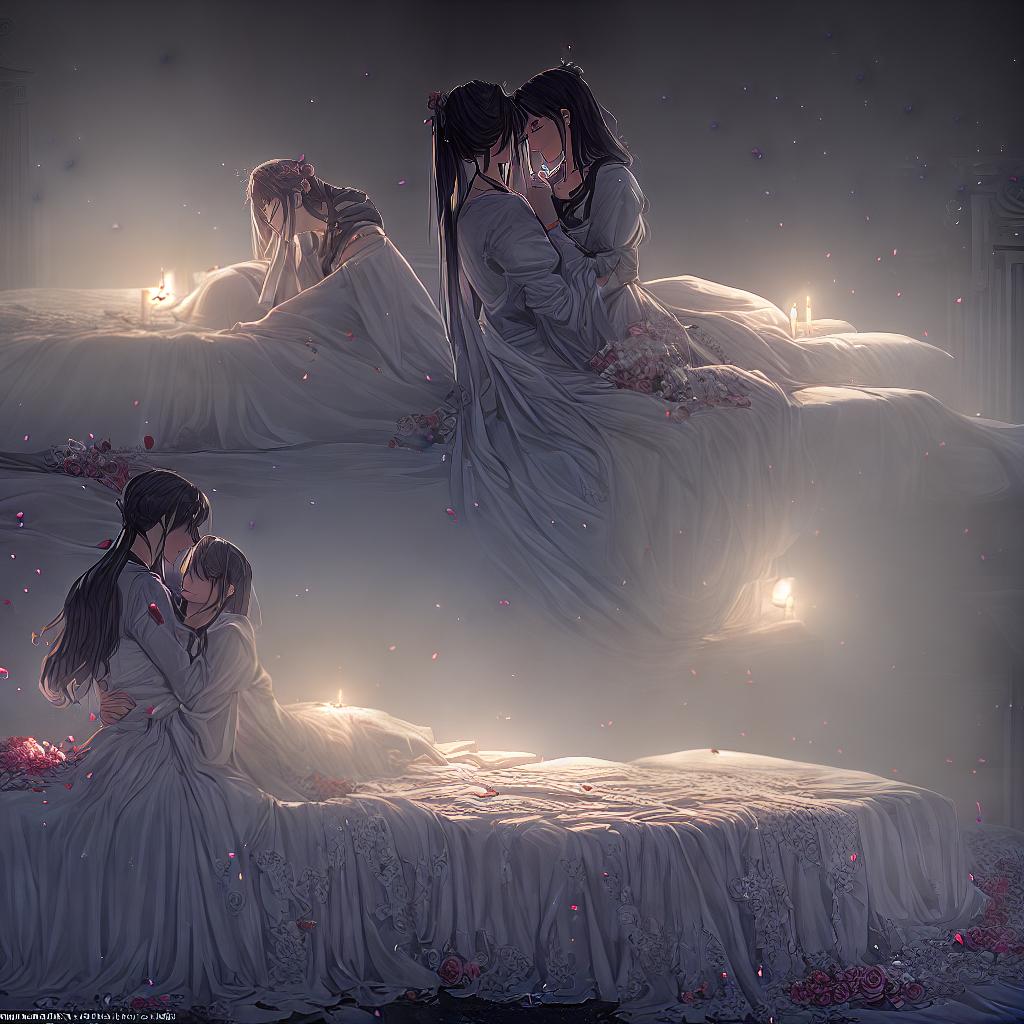  ((masterpiece)),(((best quality))), 8k, high detailed, ultra-detailed. A couple engaged in an intimate embrace. (Passionate expressions), (soft candlelight), (silhouette against a moonlit sky), (gentle music playing in the background), (delicate rose petals scattered on the bed). hyperrealistic, full body, detailed clothing, highly detailed, cinematic lighting, stunningly beautiful, intricate, sharp focus, f/1. 8, 85mm, (centered image composition), (professionally color graded), ((bright soft diffused light)), volumetric fog, trending on instagram, trending on tumblr, HDR 4K, 8K