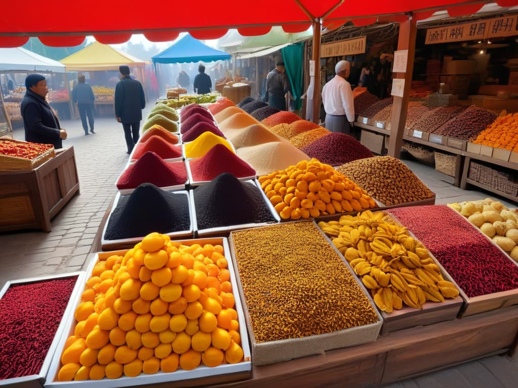  A photorealistic image of a vibrant marketplace filled with colorful displays of fair trade dried fruits and spices. The scene captures the essence of ethical trading, with various vendors showcasing their products under the warm glow of sunlight streaming through a canopy overhead. Customers of diverse backgrounds can be seen examining the goods, adding to the lively and inclusive atmosphere of the market. The intricate details of the spices and fruits, from the rich hues of dried apricots to the intricate patterns of cinnamon sticks, are depicted with stunning realism, enticing viewers to explore the world of fair trade ingredients. hyperrealistic, full body, detailed clothing, highly detailed, cinematic lighting, stunningly beautiful, intricate, sharp focus, f/1. 8, 85mm, (centered image composition), (professionally color graded), ((bright soft diffused light)), volumetric fog, trending on instagram, trending on tumblr, HDR 4K, 8K