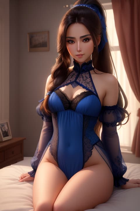  beautiful  woman in her bedroom, long hair, ponytail, honey eyes, blue lace , small s, pointed s, 1, , detailed eyes, hyperrealistic, full body, highly detailed, cinematic lighting, intricate, sharp focus, f/1. 8, 85mm, (centered image composition), (professionally color graded), ((bright soft diffused light)), volumetric fog, trending on instagram, HDR 4K, 8K