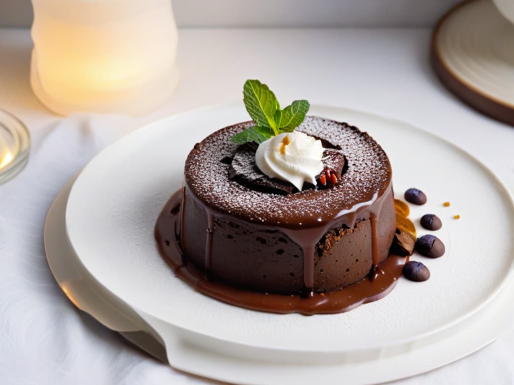  An ultradetailed 8k image of a decadent chocolate chili lava cake, oozing with rich molten chocolate and a hint of spicy chili flakes on top, elegantly presented on a sleek white plate garnished with a sprig of fresh mint. The cake's glossy surface reflects ambient light, showcasing the contrasting textures of the moist cake and the luscious melted center, creating a visually striking and mouthwatering dessert image. hyperrealistic, full body, detailed clothing, highly detailed, cinematic lighting, stunningly beautiful, intricate, sharp focus, f/1. 8, 85mm, (centered image composition), (professionally color graded), ((bright soft diffused light)), volumetric fog, trending on instagram, trending on tumblr, HDR 4K, 8K