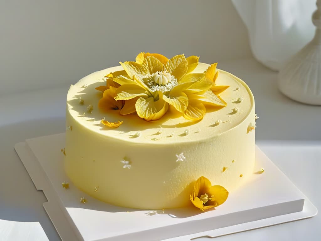  A closeup, ultradetailed image of a perfectly crafted organic lemon and elderflower cake by Claire Ptak. The cake is elegantly decorated with delicate edible flowers, showcasing intricate details of each petal and stamen. The soft natural lighting highlights the subtle shadows, emphasizing the texture and artistry of the dessert. hyperrealistic, full body, detailed clothing, highly detailed, cinematic lighting, stunningly beautiful, intricate, sharp focus, f/1. 8, 85mm, (centered image composition), (professionally color graded), ((bright soft diffused light)), volumetric fog, trending on instagram, trending on tumblr, HDR 4K, 8K