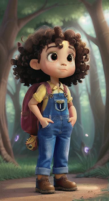  {The tree shining brightly and releasing a gentle, magical light., Riley, a curious with big brown eyes and curly hair, wearing overalls and carrying a small backpack. Their friend, Skye, a bluebird with shiny feathers.