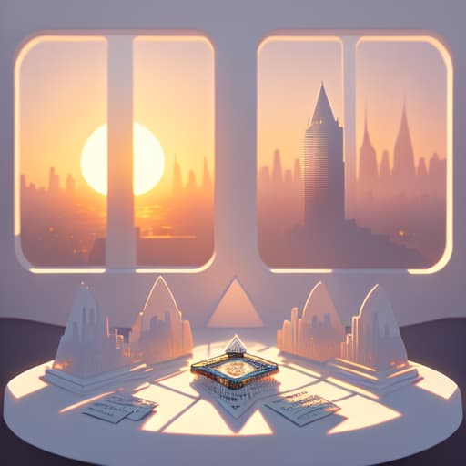 in OliDisco style Futuristic style. Deck of cards over white table. Sunset through a window with a city view. White and soft tones.