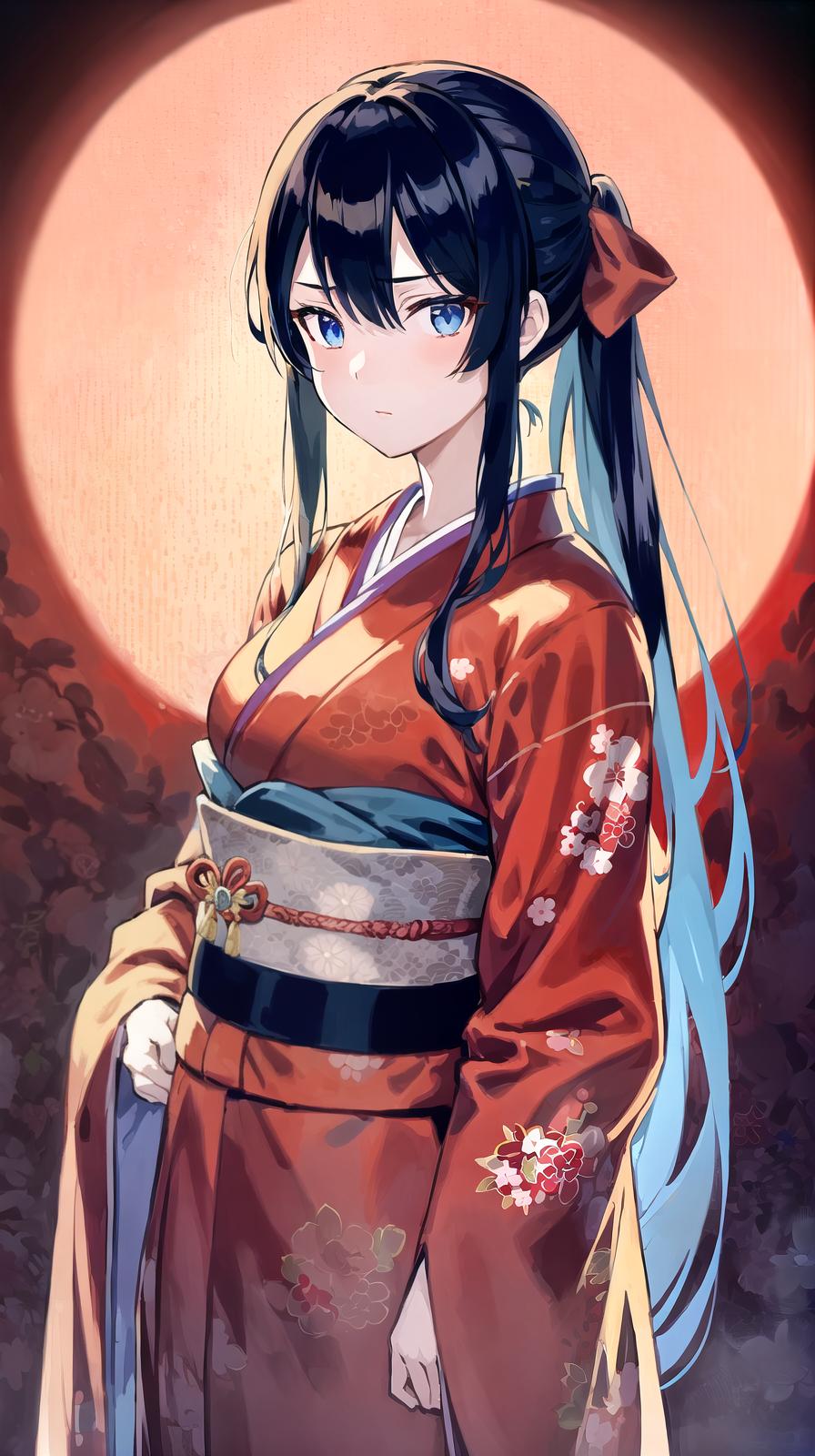  master piece , best quality,A young female anime character is wearing a traditional Japanese red kimono. She is young, with large blue eyes and a serious, calm expression on her face. Her hair is long and black and tied back with two ribbons adorned with red bows. She is facing front, slightly to the left. The background is dynamic, with bright red fluid flowing around the character and strong contrasts of light and shadow. The flowing red fluid is in harmony with the floral pattern of her kimono, and light is focused on her face and front. The kimono is detailed, with flowing sleeves and floral patterns. The scene has a mystical or traditional feel, and the woman appears to be participating in some important ceremony. The aspect ratio of