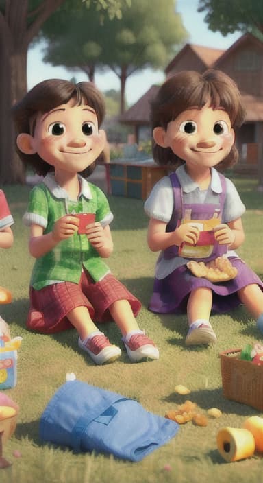  {Kids sitting around a picnic blanket, enjoying juice boxes and snacks., Children happily eating snacks, with crumbs on their faces and big smiles.