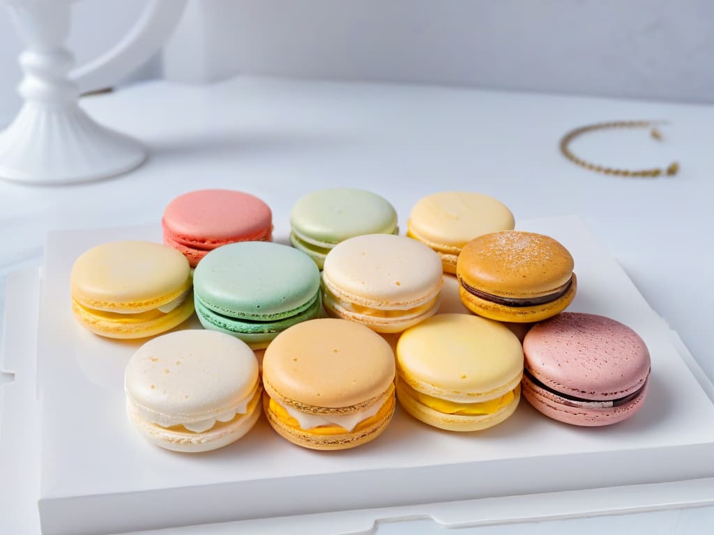  An elegant, minimalistic image featuring a closeup of perfectly baked, pastelcolored macarons arranged in a symmetrical pattern on a pristine white marble countertop. The macarons are delicately dusted with powdered sugar, showcasing their smooth, glossy shells and airy, ganachefilled interiors. The soft natural light streaming in from a nearby window highlights the intricate details and vibrant hues of these exquisite French delicacies, evoking a sense of precision and artistry. hyperrealistic, full body, detailed clothing, highly detailed, cinematic lighting, stunningly beautiful, intricate, sharp focus, f/1. 8, 85mm, (centered image composition), (professionally color graded), ((bright soft diffused light)), volumetric fog, trending on instagram, trending on tumblr, HDR 4K, 8K