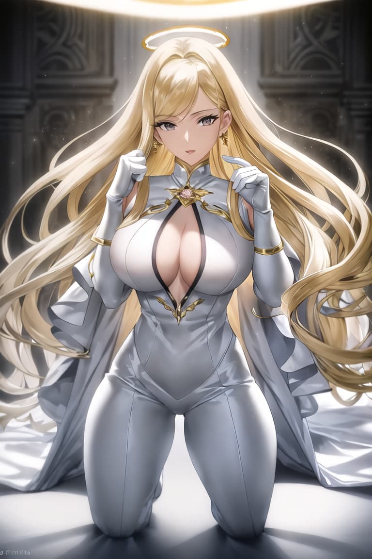  master piece , best quality,Her distinctive white suit, her golden hair glistening under minimal light sources, creates a halo around her, and her white gloves complement her outfit. On her knees, the artwork adds a dash of color to the black and white setting and features detailed panels featuring expressive faces and dynamic action reminiscent of cartoon art.