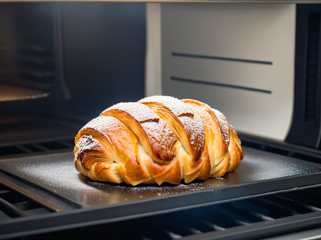  A closeup, ultradetailed image of a perfectly goldenbrown croissant emerging from a sleek, modern convection oven. The crust glistens with a delicate sheen, showcasing the flaky layers within. The background is softly blurred, emphasizing the contrast between the pastry and the stateoftheart oven, highlighting the precision and artistry of convection baking. hyperrealistic, full body, detailed clothing, highly detailed, cinematic lighting, stunningly beautiful, intricate, sharp focus, f/1. 8, 85mm, (centered image composition), (professionally color graded), ((bright soft diffused light)), volumetric fog, trending on instagram, trending on tumblr, HDR 4K, 8K