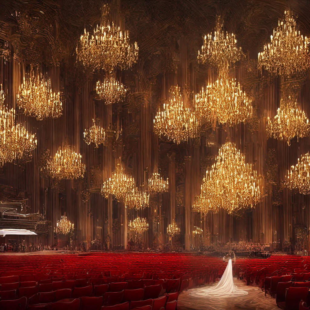  An exquisite concert stage, created with the utmost attention to detail and high-definition visuals. The scene depicts a world-class orchestra performing in perfect harmony. The main subject of the scene is the conductor, standing on a raised platform, passionately leading the musicians with precise gestures. The stage is adorned with elegant decorations, including ((a majestic chandelier)) hanging from the ceiling and intricate carvings on the wooden panels. The orchestra consists of skilled musicians playing various instruments, including violins, cellos, trumpets, and a grand piano. The lighting setup focuses on highlighting the performers while creating a warm and intimate ambiance. The concert hall is filled with an audience dressed in hyperrealistic, full body, detailed clothing, highly detailed, cinematic lighting, stunningly beautiful, intricate, sharp focus, f/1. 8, 85mm, (centered image composition), (professionally color graded), ((bright soft diffused light)), volumetric fog, trending on instagram, trending on tumblr, HDR 4K, 8K