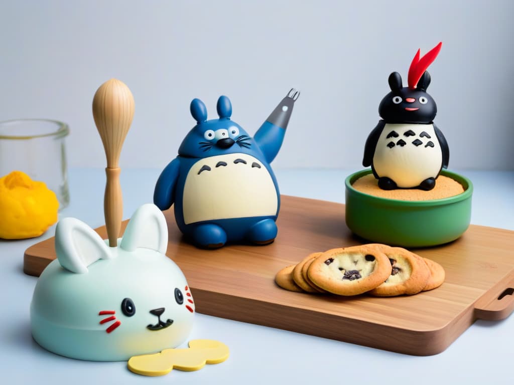  An ultradetailed 8k image of a minimalistic white kitchen counter with a beautiful assortment of Studio Ghibliinspired baking utensils neatly organized. The image showcases a whimsical Totoro measuring cup set, a Kiki's Delivery Service whisk, a Spirited Away cookie cutter set, and a Howl's Moving Castle rolling pin. The utensils are elegantly displayed against a clean backdrop, emphasizing their intricate designs and enchanting details. hyperrealistic, full body, detailed clothing, highly detailed, cinematic lighting, stunningly beautiful, intricate, sharp focus, f/1. 8, 85mm, (centered image composition), (professionally color graded), ((bright soft diffused light)), volumetric fog, trending on instagram, trending on tumblr, HDR 4K, 8K