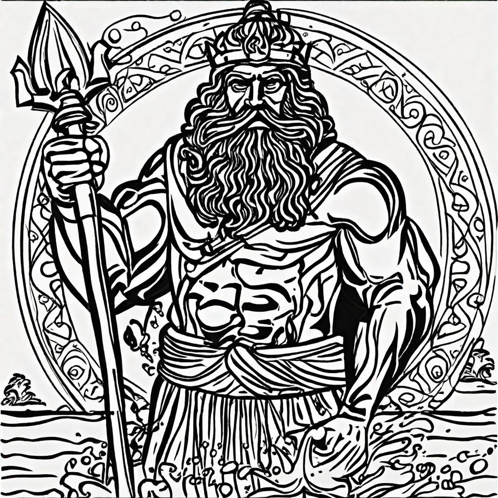  masterpiece, best quality, Poseidon standing with his trident in a little bit of wil water at his feet this all with no color ten water part has to be round like circle is around