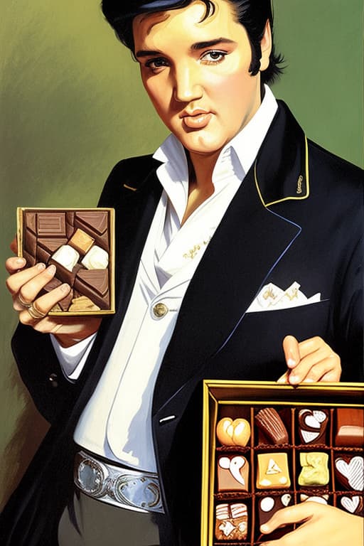  Elvis Presley holding an open box of fine chocolates. Painted in the style of Édouard Manet