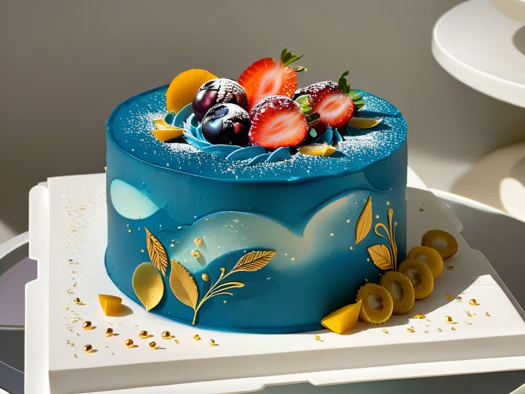  An ultradetailed closeup image of a delicate, intricately designed cake frosted with vibrant colors and edible gold leaf accents, showcasing the fine details and precision of augmented reality technology in pastry decoration. The cake is displayed on a sleek, modern white platter against a soft, blurred background to emphasize the meticulous craftsmanship and artistry involved in the future of augmented reality in the baking industry. hyperrealistic, full body, detailed clothing, highly detailed, cinematic lighting, stunningly beautiful, intricate, sharp focus, f/1. 8, 85mm, (centered image composition), (professionally color graded), ((bright soft diffused light)), volumetric fog, trending on instagram, trending on tumblr, HDR 4K, 8K