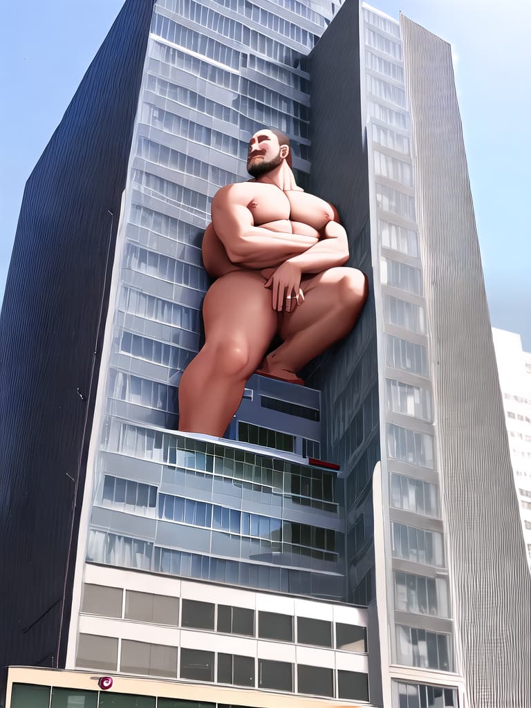  (NSFW) A giant, naked man sits on a building in a crowded city full body
