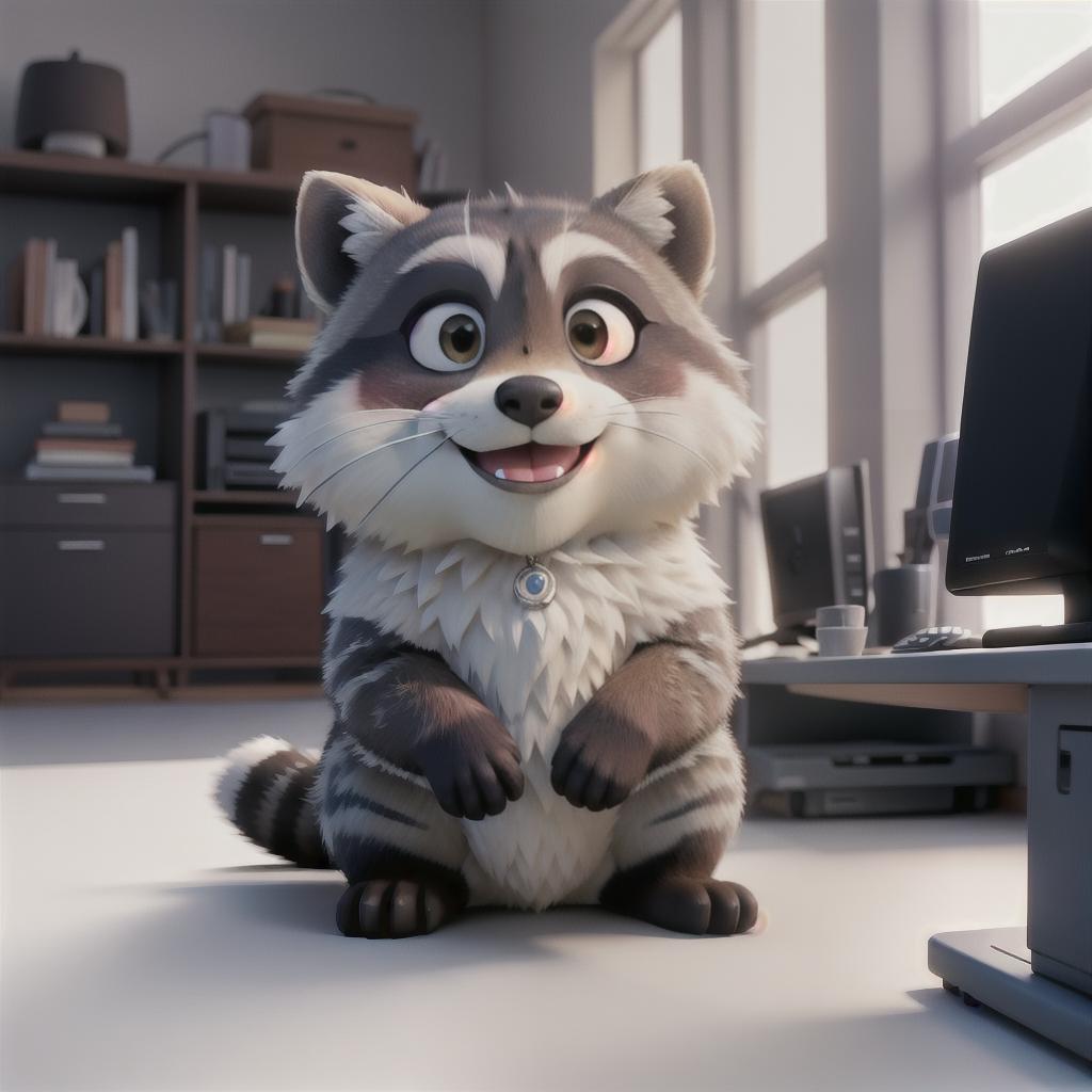  raccoon sitting in gaming chair front a computer on desktop, ((semi anthropomorphic)),(full body), tail, belly, sitting, fat, (chubby), (((white background))), solo, desktop, gaming chair, side view,  [[[clothes]]] hyperrealistic, full body, detailed clothing, highly detailed, cinematic lighting, stunningly beautiful, intricate, sharp focus, f/1. 8, 85mm, (centered image composition), (professionally color graded), ((bright soft diffused light)), volumetric fog, trending on instagram, trending on tumblr, HDR 4K, 8K