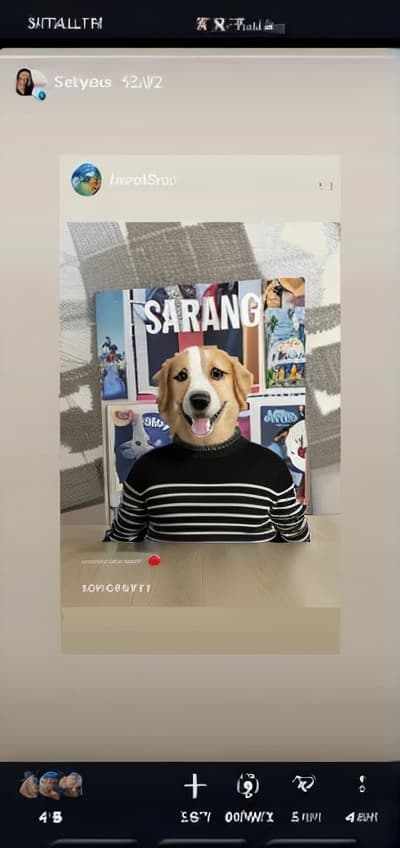  ultra high resolution, 4K image,masterpiece,best_quality,detailed eyes,(pixar style:1.2),(cartoon character,funny),a phone screen shows a picture of a dog wearing a sweater that says sarang