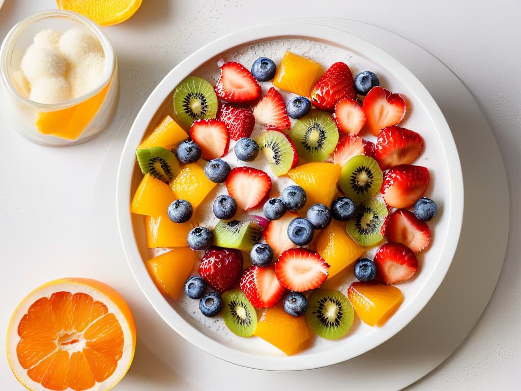  A closeup, ultradetailed image of a colorful fruit salad arranged meticulously in a white bowl, showcasing vibrant slices of strawberries, kiwi, oranges, and blueberries, sprinkled with a light dusting of coconut shavings, chia seeds, and a drizzle of honey, all set against a clean, white background. hyperrealistic, full body, detailed clothing, highly detailed, cinematic lighting, stunningly beautiful, intricate, sharp focus, f/1. 8, 85mm, (centered image composition), (professionally color graded), ((bright soft diffused light)), volumetric fog, trending on instagram, trending on tumblr, HDR 4K, 8K