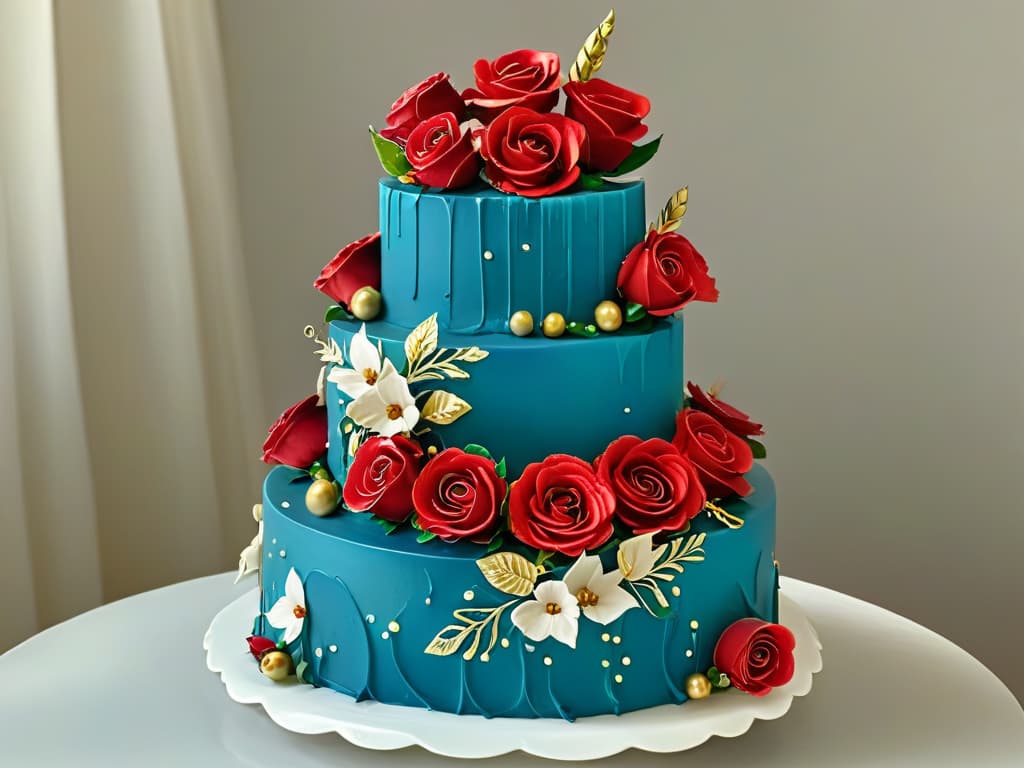  A stunning photorealistic image of a beautifully decorated tiered cake, featuring intricate floral designs in vibrant colors cascading down the sides. The top of the cake is adorned with delicate handmade sugar roses and gold leaf accents, exuding an air of elegance and sophistication. The background is softly blurred to keep the focus on the exquisite details of the cake, showcasing the artistry and skill involved in creating such a masterpiece. hyperrealistic, full body, detailed clothing, highly detailed, cinematic lighting, stunningly beautiful, intricate, sharp focus, f/1. 8, 85mm, (centered image composition), (professionally color graded), ((bright soft diffused light)), volumetric fog, trending on instagram, trending on tumblr, HDR 4K, 8K