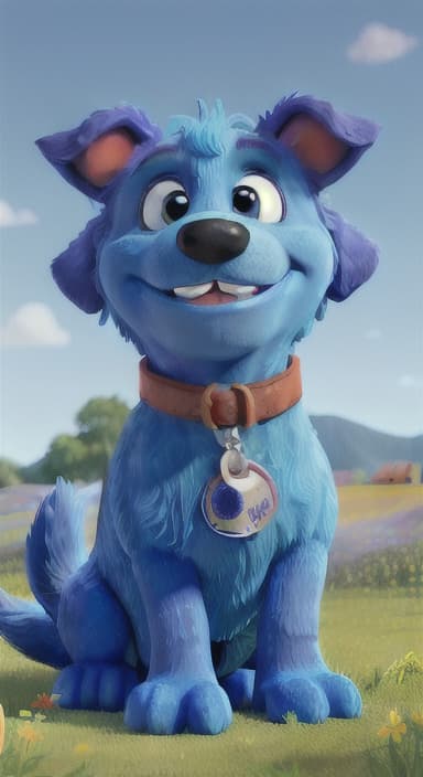  {A happy, big blue dog wagging its tail in a colorful meadow, The big blue dog is large with sky blue fur, big round eyes, a black nose, and floppy ears.