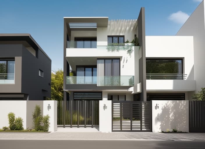  Modern villa exterior architecture, daylight, beautiful modern materials, highlight 6 louver bars on the 3rd floor, bright colors in harmony with the surrounding landscape