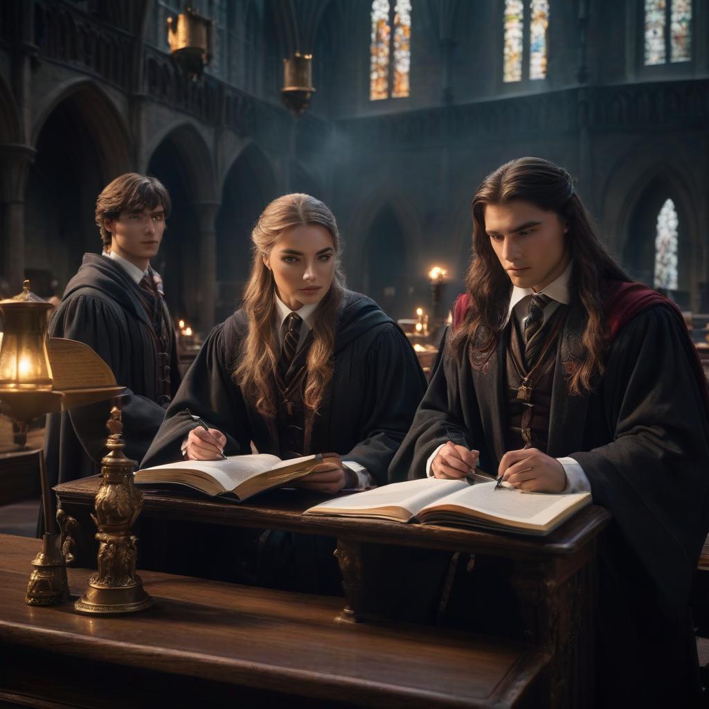  two are sitting behind notebooks first year students of Hogwarts hyperrealistic, full body, detailed clothing, highly detailed, cinematic lighting, stunningly beautiful, intricate, sharp focus, f/1. 8, 85mm, (centered image composition), (professionally color graded), ((bright soft diffused light)), volumetric fog, trending on instagram, trending on tumblr, HDR 4K, 8K