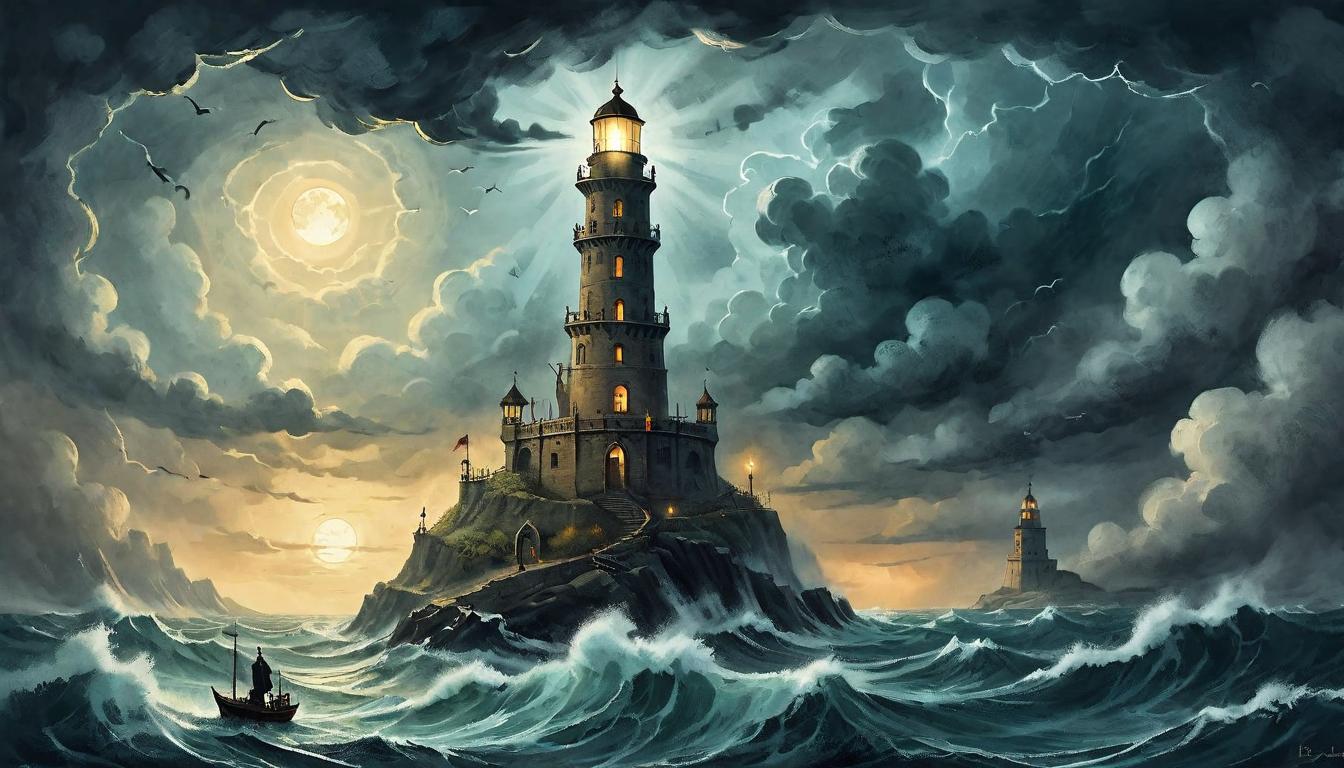  on parchment, surrealism+++, A radiant beacon atop a high tower, casting light across a stormy sea to guide ships to safe harbor. Beacon bright and steadfast, tumultuous waves below, night sky torn by wind and rain, symbol of hope and guidance through adversity.(mysterious, provocative, symbolic,muted color)+++