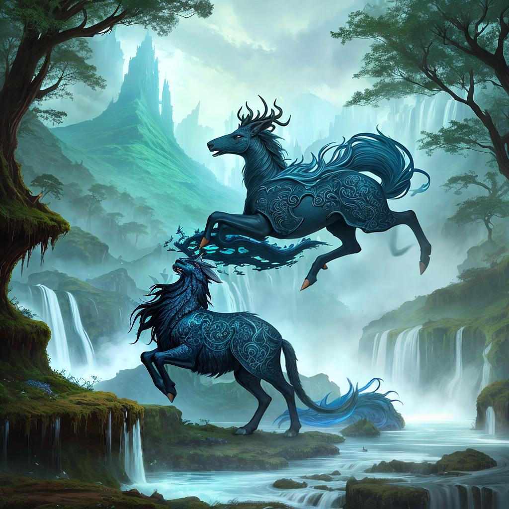  in a fantasy setting, Paint a surreal landscape where mythical beasts roam amidst cascading waterfalls.