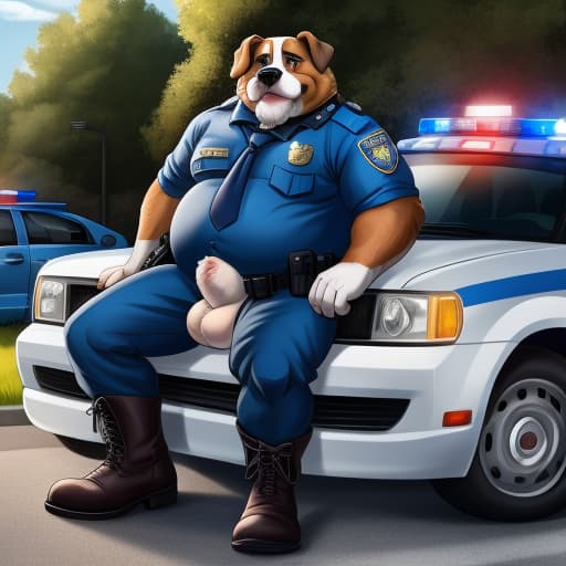  saint bernard (old, fat, dilf, police officer, wearing police uniform, big feet, wearing boots, wearing collar, fat sheath, fat canine penis, fat balls,). police car in background (ford pick up)., open eyes, digital art, masterpiece, 4k, fine details,