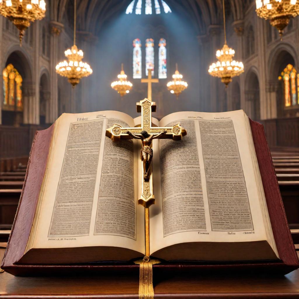  a photo of a beautiful Roman Catholic Church Bible. The Bible is ornately decorated with a gold-embossed cross on the cover, set upon a wooden altar with a soft light illuminating its intricate designs and gold leaf pages. hyperrealistic, full body, detailed clothing, highly detailed, cinematic lighting, stunningly beautiful, intricate, sharp focus, f/1. 8, 85mm, (centered image composition), (professionally color graded), ((bright soft diffused light)), volumetric fog, trending on instagram, trending on tumblr, HDR 4K, 8K