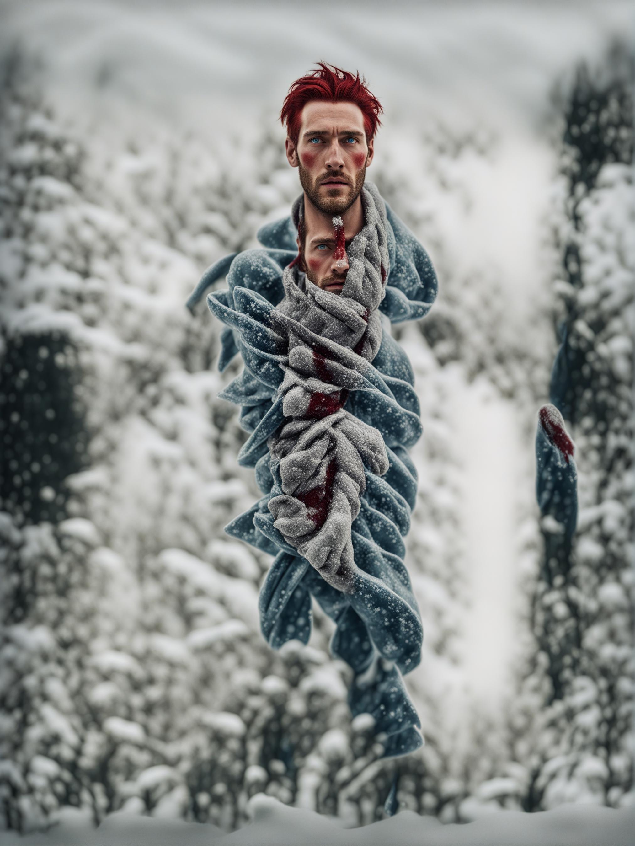  masterpiece, best quality, 1 man,solo, standing in snow, plateau red, minority, red face, snow in hair, shivering look, no makeup, pale, blue and red tones, true skin texture,(dramatic lighting),(sharp focus),(exposure blend),(mid ground),(bokeh),(hdr:1.4), high contrast,(film, cyan and red:0.85),(soft colors, dim colors, soothing tones:1.3), low saturation