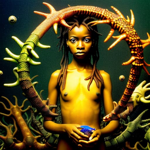  A young African woman with no clothes on holding a coloured gecko and surrounded by striped rusty metal robotic fishes from a dstopian labyrinth , stable diffusion, absolute reality v1.6, perfect symmetry, photo realistic raw, in the style of jock sturges and David hamilton and hr giger, atmospheric