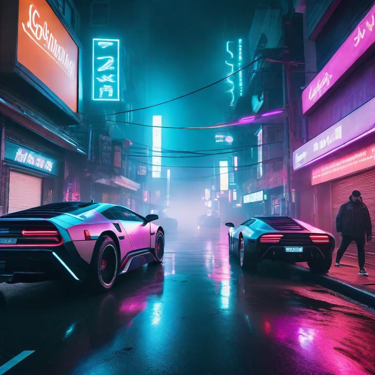  Cyberpunk street with neon lights and flying cars hyperrealistic, full body, detailed clothing, highly detailed, cinematic lighting, stunningly beautiful, intricate, sharp focus, f/1. 8, 85mm, (centered image composition), (professionally color graded), ((bright soft diffused light)), volumetric fog, trending on instagram, trending on tumblr, HDR 4K, 8K