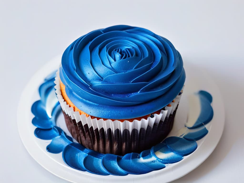  An image of a delicate, intricately decorated cupcake with vibrant swirls of color that seem to dance off the surface. The frosting appears to be a rich, velvety texture, with shades of deep purple, electric blue, and fiery orange blending seamlessly. Each color emits a soft glow, almost like a neon light, creating a mesmerizing visual effect. The cupcake is set against a simple, stark white background, emphasizing the vivid colors and intricate design. hyperrealistic, full body, detailed clothing, highly detailed, cinematic lighting, stunningly beautiful, intricate, sharp focus, f/1. 8, 85mm, (centered image composition), (professionally color graded), ((bright soft diffused light)), volumetric fog, trending on instagram, trending on tumblr, HDR 4K, 8K