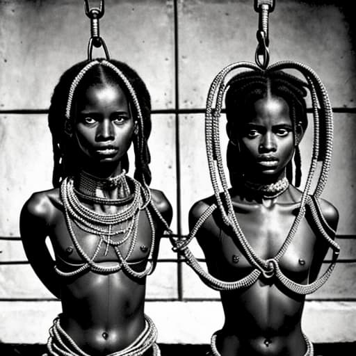  Two African slave woman in shackles and chains in the style of bruce weber,