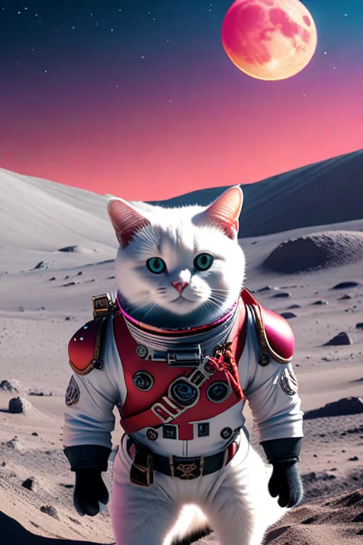  Pink Dalmatian , Pirate cat , in space suits on the Moon , high detailed , 8K hyperrealistic, full body, detailed clothing, highly detailed, cinematic lighting, stunningly beautiful, intricate, sharp focus, f/1. 8, 85mm, (centered image composition), (professionally color graded), ((bright soft diffused light)), volumetric fog, trending on instagram, trending on tumblr, HDR 4K, 8K