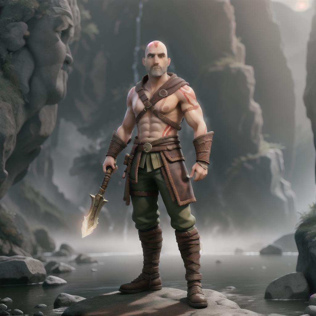  God of war hyperrealistic, full body, detailed clothing, highly detailed, cinematic lighting, stunningly beautiful, intricate, sharp focus, f/1. 8, 85mm, (centered image composition), (professionally color graded), ((bright soft diffused light)), volumetric fog, trending on instagram, trending on tumblr, HDR 4K, 8K