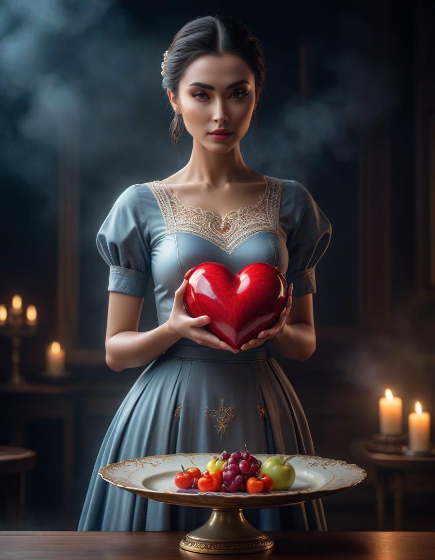  A girl holds her heart on a platter. hyperrealistic, full body, detailed clothing, highly detailed, cinematic lighting, stunningly beautiful, intricate, sharp focus, f/1. 8, 85mm, (centered image composition), (professionally color graded), ((bright soft diffused light)), volumetric fog, trending on instagram, trending on tumblr, HDR 4K, 8K