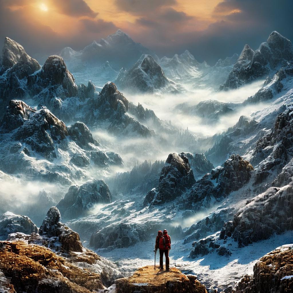  Prepare to be captivated by this ultra-detailed and high-detailed ((masterpiece)) of the best quality, presented in 8k resolution. The scene showcases a breathtaking mountain landscape during sunset. The majestic mountains are covered in snow, contrasting with the warm hues of the setting sun. A lone hiker stands at the edge of a cliff, gazing at the awe-inspiring view. The hiker's silhouette is beautifully highlighted against the vibrant sky. The level of detail in this artwork is extraordinary, with every rock and snowflake meticulously portrayed. The artist's style is reminiscent of the romantic landscape paintings of the 19th century, with a modern twist. To explore more of the artist's incredible creations, visit their website: www.exa hyperrealistic, full body, detailed clothing, highly detailed, cinematic lighting, stunningly beautiful, intricate, sharp focus, f/1. 8, 85mm, (centered image composition), (professionally color graded), ((bright soft diffused light)), volumetric fog, trending on instagram, trending on tumblr, HDR 4K, 8K