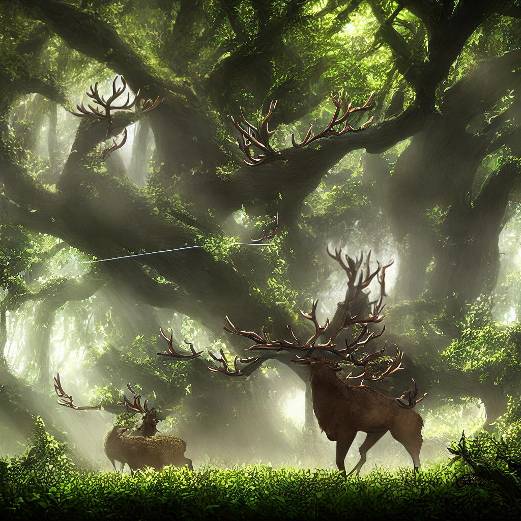  A masterpiece depicting a Taíya hunter and his prey, with the best quality and ultra-detailed visuals. The scene showcases a traditional Taíya hunter wearing ((elaborately decorated tribal attire)) and holding a ((handcrafted bow and arrow)). The hunter is stealthily ((tracking his prey)) through a dense forest, where vibrant sunlight filters through the lush green foliage. The prey, a majestic ((deer with magnificent antlers)), stands gracefully in a clearing, surrounded by colorful wildflowers. The entire scene is rendered in high definition, providing an immersive 8k experience that showcases every minute detail of the hunter's features, the textures of the forest, and the intricate patterns of the traditional attire. hyperrealistic, full body, detailed clothing, highly detailed, cinematic lighting, stunningly beautiful, intricate, sharp focus, f/1. 8, 85mm, (centered image composition), (professionally color graded), ((bright soft diffused light)), volumetric fog, trending on instagram, trending on tumblr, HDR 4K, 8K