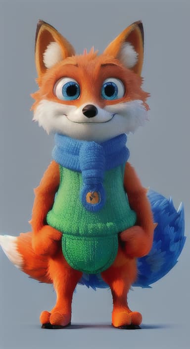  {Error the fox pressing the blue button with his paw, looking puzzled as nothing occurs., Error is a small, bright orange fox with a fluffy tail and big, inquisitive eyes. He has a mischievous yet kind expression and wears a tiny green scarf.