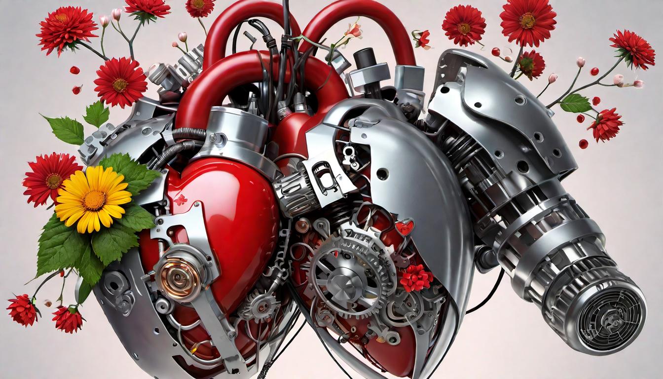  digital illustration A mechanical heart in one hand, a flowering heart in the other, juxtaposing mainstream medical care with holistic methods, mechanical vs. organic, impersonal vs. nurturing looking at viewer, dynamic pose, (intricate details, masterpiece, best quality)