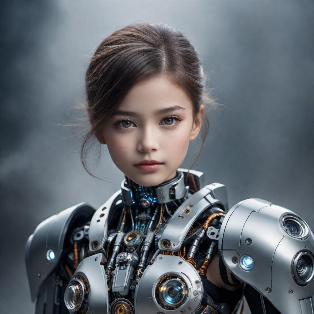  A child's face with subtle cyborg or robotic features, giving a futuristic and mechanical look without obscuring the childlike essence. hyperrealistic, full body, detailed clothing, highly detailed, cinematic lighting, stunningly beautiful, intricate, sharp focus, f/1. 8, 85mm, (centered image composition), (professionally color graded), ((bright soft diffused light)), volumetric fog, trending on instagram, trending on tumblr, HDR 4K, 8K