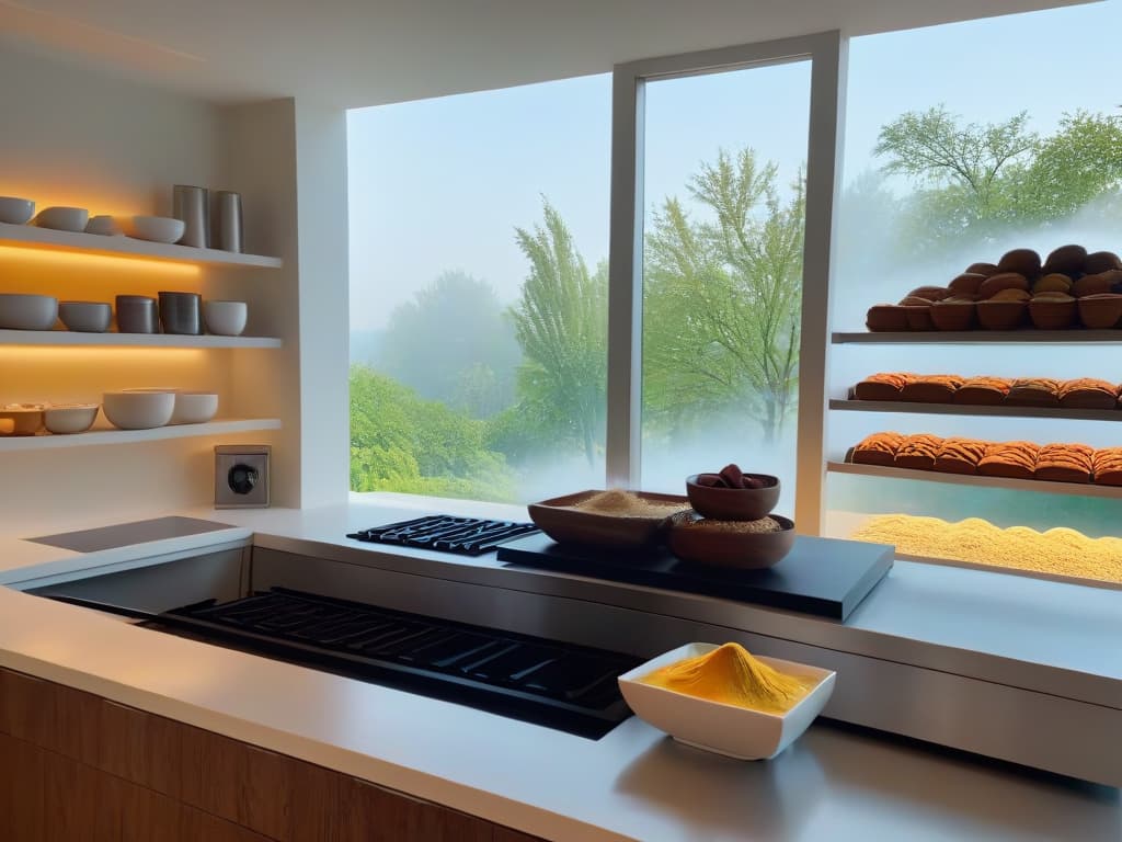  An ultradetailed image of a pristine, modern kitchen with sleek countertops and shelves displaying various premium alternative flours like almond flour and coconut flour in elegant, minimalist packaging. The sunlight streaming through a large window highlights the textures and colors of these specialty ingredients, creating a luxurious and aspirational atmosphere perfect for a professional and inspiring article on premium alternative flours for baking. hyperrealistic, full body, detailed clothing, highly detailed, cinematic lighting, stunningly beautiful, intricate, sharp focus, f/1. 8, 85mm, (centered image composition), (professionally color graded), ((bright soft diffused light)), volumetric fog, trending on instagram, trending on tumblr, HDR 4K, 8K