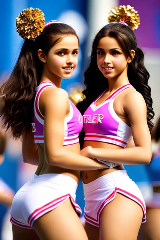  Two (((ultra realistic young-looking girls))) standing side by side, one with transparent, flowing hair and an incredibly toned figure, posing as ((transparent cheerleaders)) in a crowded setting, kissing