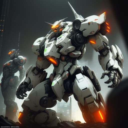  A huge white mecha with orange glowing eyes is fighting against three tiny soldiers in a scifi style. The art style is anime with detailed character designs in the style of Yoji Shinkawa and Dominik Mayer. The scene depicts a night time city battle with a strong contrast between light and dark. Intricate details and an epic composition are featured. The art may have been created using Unreal Engine and DAZ3D to achieve a hyperrealistic and intense atmosphere. Cinematic.