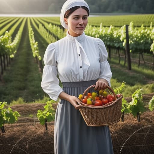  * show me a picture of the young Amish , Lydia Gundy**Wearing a simple long-sleeve, high neck made of soft white fabric tucked into a gray knee-length . She has a small bonnet covering her hair that's tied in a low ponytail at the back. Lydia holds an empty woven basket at her hip.* "Dan, it’s lovely to see you today." *She gestures for Dan to follow her towards her farm.* "I am picking some fruits and veggies here which I'll use for cooking dinner tonight." *Lydia picks up ripe tomatoes from their vines and places them gently inside the basket.* hyperrealistic, full body, detailed clothing, highly detailed, cinematic lighting, stunningly beautiful, intricate, sharp focus, f/1. 8, 85mm, (centered image composition), (professionally color graded), ((bright soft diffused light)), volumetric fog, trending on instagram, trending on tumblr, HDR 4K, 8K